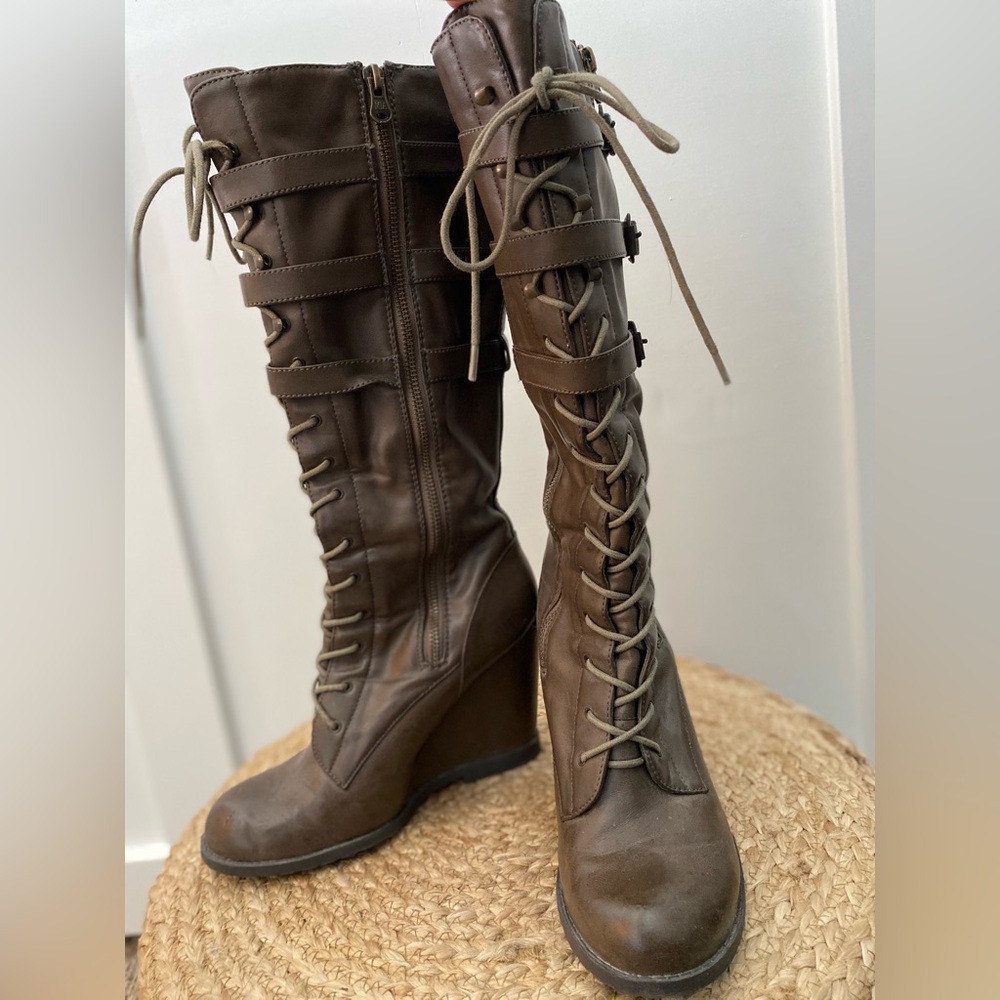 MIA Ursula Lace up Knee High Wedge Boot, taupe, size 8.5